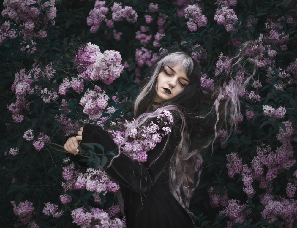 black and white dressed gothic girl with lilac