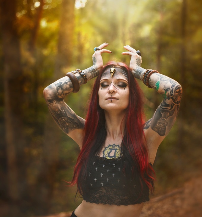 tribal forest queen with crown made from light
